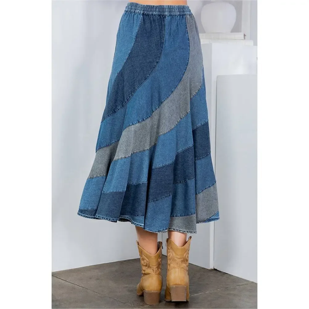 Young Threads Mid-Length Denim Skirt With Asymmetrical Panels - Picture 3 of 7